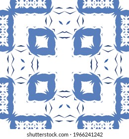 Ethnic ceramic tile in portuguese azulejo. Vector seamless pattern elements. Modern design. Blue vintage ornament for surface texture, towels, pillows, wallpaper, print, web background.