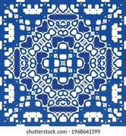 Ethnic ceramic tile in portuguese azulejo. Fashionable design. Vector seamless pattern frame. Blue vintage ornament for surface texture, towels, pillows, wallpaper, print, web background.