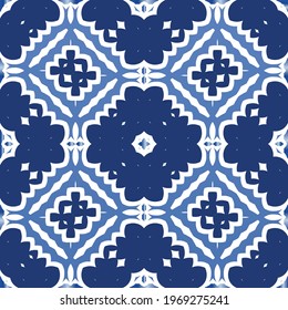 Ethnic ceramic tile in portuguese azulejo. Vector seamless pattern illustration. Original design. Blue vintage ornament for surface texture, towels, pillows, wallpaper, print, web background.