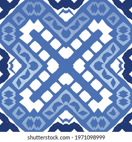 Ethnic ceramic tile in portuguese azulejo. Universal design. Vector seamless pattern texture. Blue vintage ornament for surface texture, towels, pillows, wallpaper, print, web background.