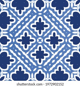 Ethnic ceramic tile in portuguese azulejo. Vector seamless pattern illustration. Original design. Blue vintage ornament for surface texture, towels, pillows, wallpaper, print, web background.