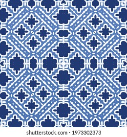 Ethnic ceramic tile in portuguese azulejo. Vector seamless pattern illustration. Original design. Blue vintage ornament for surface texture, towels, pillows, wallpaper, print, web background.