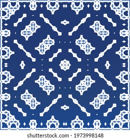 Ethnic ceramic tile in portuguese azulejo. Kitchen design. Vector seamless pattern illustration. Blue vintage ornament for surface texture, towels, pillows, wallpaper, print, web background.