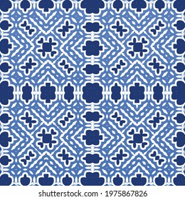 Ethnic ceramic tile in portuguese azulejo. Vector seamless pattern illustration. Original design. Blue vintage ornament for surface texture, towels, pillows, wallpaper, print, web background.