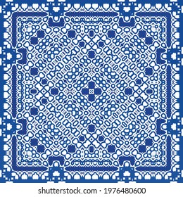 Ethnic ceramic tile in portuguese azulejo. Fashionable design. Vector seamless pattern frame. Blue vintage ornament for surface texture, towels, pillows, wallpaper, print, web background.