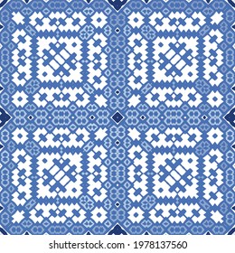 Ethnic ceramic tile in portuguese azulejo. Universal design. Vector seamless pattern texture. Blue vintage ornament for surface texture, towels, pillows, wallpaper, print, web background.