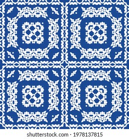 Ethnic ceramic tile in portuguese azulejo. Vector seamless pattern trellis. Hand drawn design. Blue vintage ornament for surface texture, towels, pillows, wallpaper, print, web background.