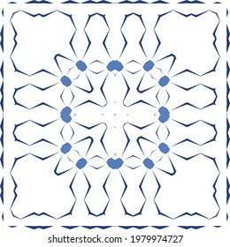 Ethnic ceramic tile in portuguese azulejo. Vector seamless pattern elements. Modern design. Blue vintage ornament for surface texture, towels, pillows, wallpaper, print, web background.