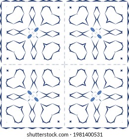 Ethnic ceramic tile in portuguese azulejo. Vector seamless pattern elements. Modern design. Blue vintage ornament for surface texture, towels, pillows, wallpaper, print, web background.