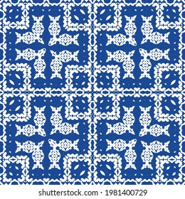 Ethnic ceramic tile in portuguese azulejo. Vector seamless pattern trellis. Hand drawn design. Blue vintage ornament for surface texture, towels, pillows, wallpaper, print, web background.