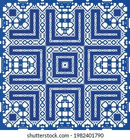Ethnic ceramic tile in portuguese azulejo. Fashionable design. Vector seamless pattern frame. Blue vintage ornament for surface texture, towels, pillows, wallpaper, print, web background.
