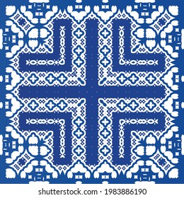 Ethnic ceramic tile in portuguese azulejo. Fashionable design. Vector seamless pattern frame. Blue vintage ornament for surface texture, towels, pillows, wallpaper, print, web background.