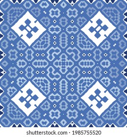 Ethnic ceramic tile in portuguese azulejo. Universal design. Vector seamless pattern texture. Blue vintage ornament for surface texture, towels, pillows, wallpaper, print, web background.