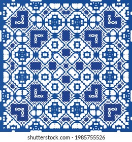 Ethnic ceramic tile in portuguese azulejo. Fashionable design. Vector seamless pattern frame. Blue vintage ornament for surface texture, towels, pillows, wallpaper, print, web background.