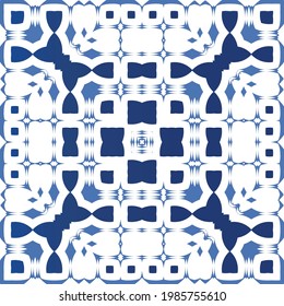 Ethnic ceramic tile in portuguese azulejo. Kitchen design. Vector seamless pattern illustration. Blue vintage ornament for surface texture, towels, pillows, wallpaper, print, web background.