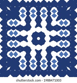 Ethnic ceramic tile in portuguese azulejo. Universal design. Vector seamless pattern texture. Blue vintage ornament for surface texture, towels, pillows, wallpaper, print, web background.