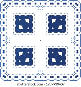 Ethnic ceramic tile in portuguese azulejo. Kitchen design. Vector seamless pattern illustration. Blue vintage ornament for surface texture, towels, pillows, wallpaper, print, web background.