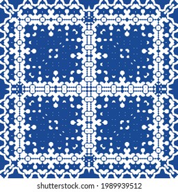 Ethnic ceramic tile in portuguese azulejo. Vector seamless pattern trellis. Hand drawn design. Blue vintage ornament for surface texture, towels, pillows, wallpaper, print, web background.