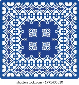 Ethnic ceramic tile in portuguese azulejo. Fashionable design. Vector seamless pattern frame. Blue vintage ornament for surface texture, towels, pillows, wallpaper, print, web background.