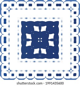 Ethnic ceramic tile in portuguese azulejo. Kitchen design. Vector seamless pattern illustration. Blue vintage ornament for surface texture, towels, pillows, wallpaper, print, web background.