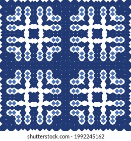 Ethnic ceramic tile in portuguese azulejo. Universal design. Vector seamless pattern texture. Blue vintage ornament for surface texture, towels, pillows, wallpaper, print, web background.