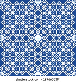 Ethnic ceramic tile in portuguese azulejo. Vector seamless pattern trellis. Hand drawn design. Blue vintage ornament for surface texture, towels, pillows, wallpaper, print, web background.