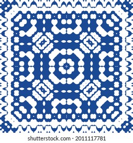 Ethnic ceramic tile in portuguese azulejo. Vector seamless pattern trellis. Hand drawn design. Blue vintage ornament for surface texture, towels, pillows, wallpaper, print, web background.