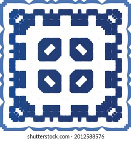 Ethnic ceramic tile in portuguese azulejo. Kitchen design. Vector seamless pattern illustration. Blue vintage ornament for surface texture, towels, pillows, wallpaper, print, web background.