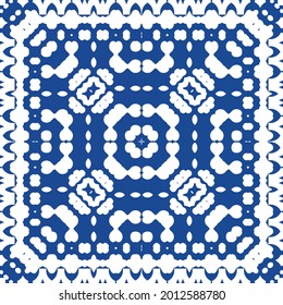 Ethnic ceramic tile in portuguese azulejo. Vector seamless pattern trellis. Hand drawn design. Blue vintage ornament for surface texture, towels, pillows, wallpaper, print, web background.