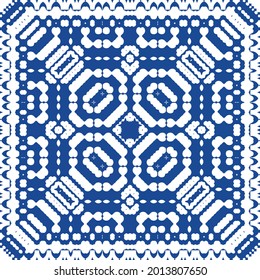Ethnic ceramic tile in portuguese azulejo. Vector seamless pattern trellis. Hand drawn design. Blue vintage ornament for surface texture, towels, pillows, wallpaper, print, web background.