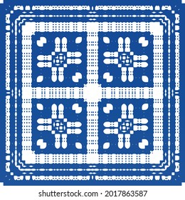 Ethnic ceramic tile in portuguese azulejo. Fashionable design. Vector seamless pattern frame. Blue vintage ornament for surface texture, towels, pillows, wallpaper, print, web background.