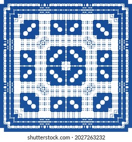 Ethnic ceramic tile in portuguese azulejo. Fashionable design. Vector seamless pattern frame. Blue vintage ornament for surface texture, towels, pillows, wallpaper, print, web background.