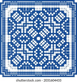 Ethnic ceramic tile in portuguese azulejo. Fashionable design. Vector seamless pattern frame. Blue vintage ornament for surface texture, towels, pillows, wallpaper, print, web background.