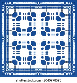 Ethnic ceramic tile in portuguese azulejo. Fashionable design. Vector seamless pattern frame. Blue vintage ornament for surface texture, towels, pillows, wallpaper, print, web background.