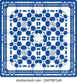 Ethnic ceramic tile in portuguese azulejo. Fashionable design. Vector seamless pattern frame. Blue vintage ornament for surface texture, towels, pillows, wallpaper, print, web background.