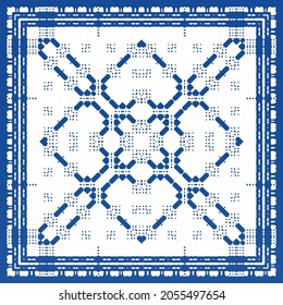 Ethnic ceramic tile in portuguese azulejo. Fashionable design. Vector seamless pattern frame. Blue vintage ornament for surface texture, towels, pillows, wallpaper, print, web background.