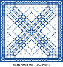 Ethnic ceramic tile in portuguese azulejo. Fashionable design. Vector seamless pattern frame. Blue vintage ornament for surface texture, towels, pillows, wallpaper, print, web background.