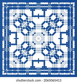 Ethnic ceramic tile in portuguese azulejo. Fashionable design. Vector seamless pattern frame. Blue vintage ornament for surface texture, towels, pillows, wallpaper, print, web background.