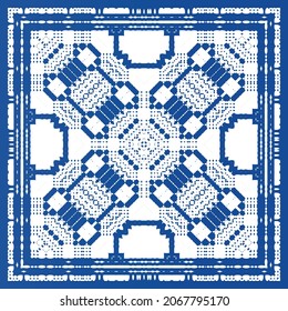 Ethnic ceramic tile in portuguese azulejo. Fashionable design. Vector seamless pattern frame. Blue vintage ornament for surface texture, towels, pillows, wallpaper, print, web background.