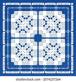 Ethnic ceramic tile in portuguese azulejo. Fashionable design. Vector seamless pattern frame. Blue vintage ornament for surface texture, towels, pillows, wallpaper, print, web background.