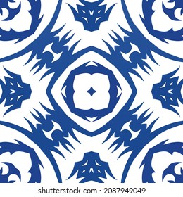 Ethnic ceramic tile in portuguese azulejo. Hand drawn design. Vector seamless pattern trellis. Blue vintage ornament for surface texture, towels, pillows, wallpaper, print, web background.