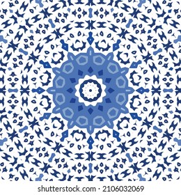 Ethnic ceramic tile in portuguese azulejo. Universal design. Vector seamless pattern poster. Blue vintage ornament for surface texture, towels, pillows, wallpaper, print, web background.