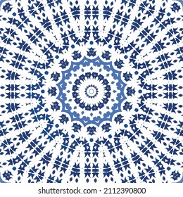 Ethnic ceramic tile in portuguese azulejo. Universal design. Vector seamless pattern poster. Blue vintage ornament for surface texture, towels, pillows, wallpaper, print, web background.