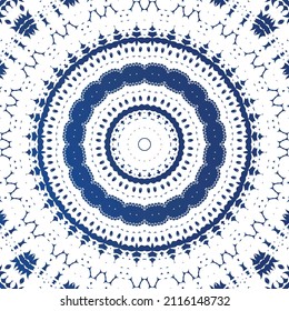 Ethnic ceramic tile in portuguese azulejo. Universal design. Vector seamless pattern poster. Blue vintage ornament for surface texture, towels, pillows, wallpaper, print, web background.