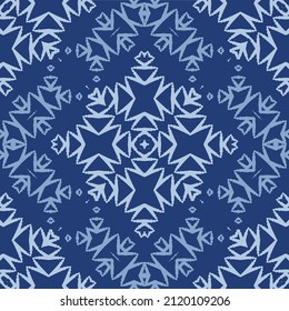 Ethnic ceramic tile in portuguese azulejo. Vector seamless pattern texture. Original design. Blue vintage ornament for surface texture, towels, pillows, wallpaper, print, web background.