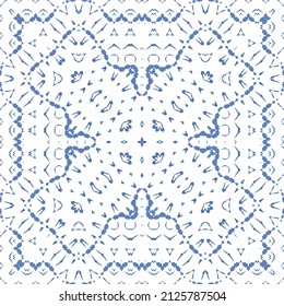 Ethnic ceramic tile in portuguese azulejo. Vector seamless pattern texture. Fashionable design. Blue vintage ornament for surface texture, towels, pillows, wallpaper, print, web background.
