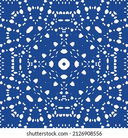 Ethnic ceramic tile in portuguese azulejo. Vector seamless pattern frame. Stylish design. Blue vintage ornament for surface texture, towels, pillows, wallpaper, print, web background.