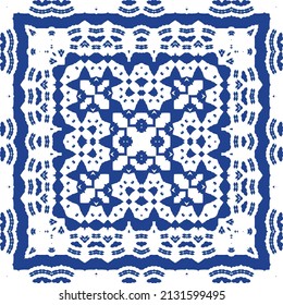 Ethnic ceramic tile in portuguese azulejo. Universal design. Vector seamless pattern illustration. Blue vintage ornament for surface texture, towels, pillows, wallpaper, print, web background.