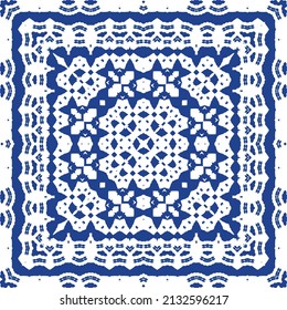 Ethnic ceramic tile in portuguese azulejo. Universal design. Vector seamless pattern illustration. Blue vintage ornament for surface texture, towels, pillows, wallpaper, print, web background.