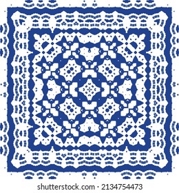 Ethnic ceramic tile in portuguese azulejo. Universal design. Vector seamless pattern illustration. Blue vintage ornament for surface texture, towels, pillows, wallpaper, print, web background.